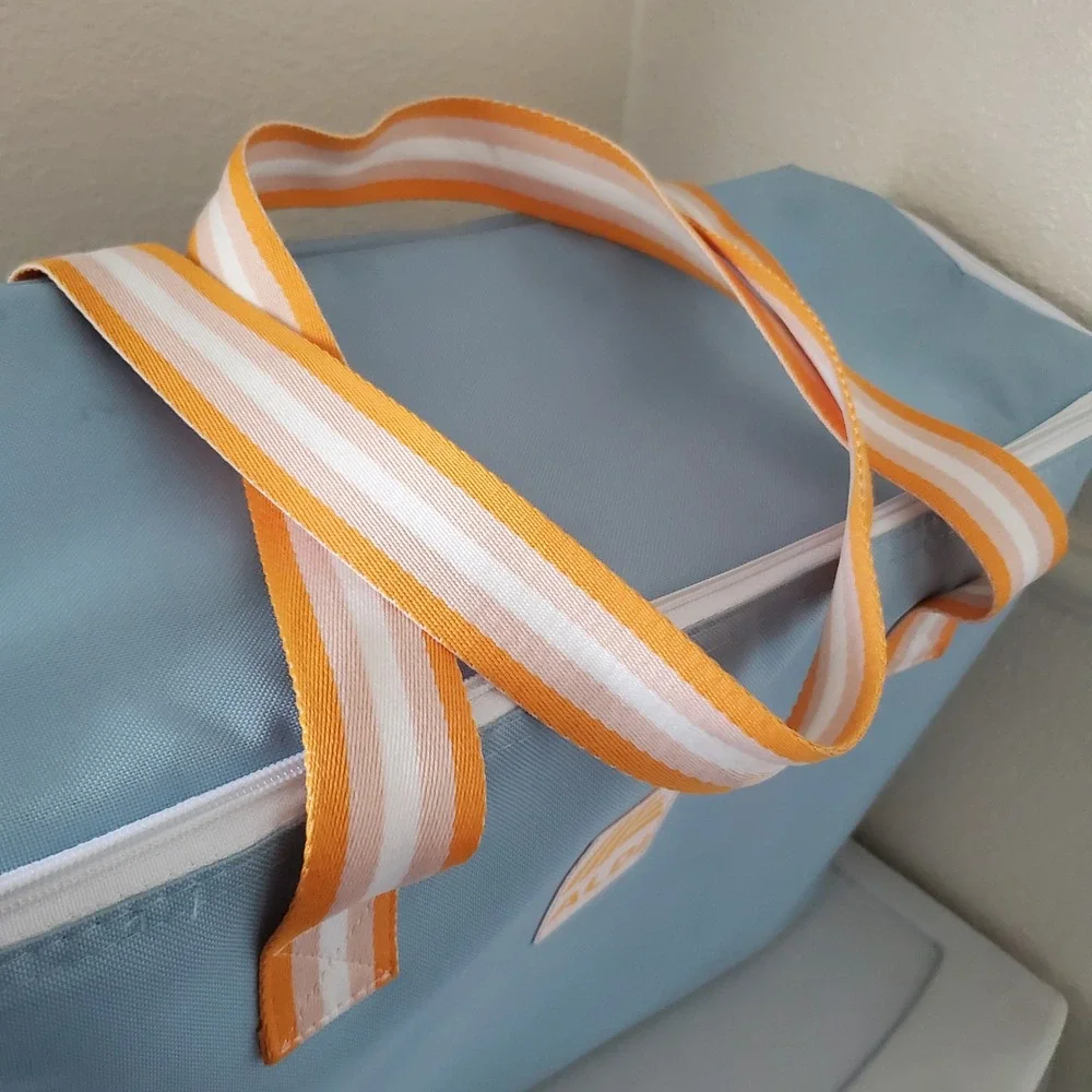 Aldi Insulated Cooler Tote Bag Light Blue Orange Striped Large Grocery Picnic